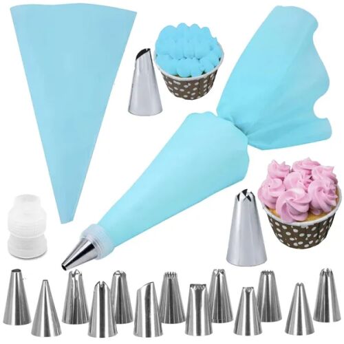 Springos pastry decorating set with piping bag, nozzles, adapter, and cupcake examples.