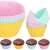 Springos silicone muffin cups, set of 12, pink, blue, yellow, mint, with muffins baked inside