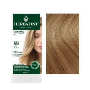 Herbatint 8N Világos szőke állandó hajfesték gél, 150 ml, a doboz és egy modell látható a hajfesték eredményével - Hajfesték