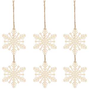Set mit 6 Springos Holzschneeflocken-Weihnachtsbaumschmuck, natürliche Holzfarbe, mit Juteschnur zum Aufhängen - Christbaumschmuck