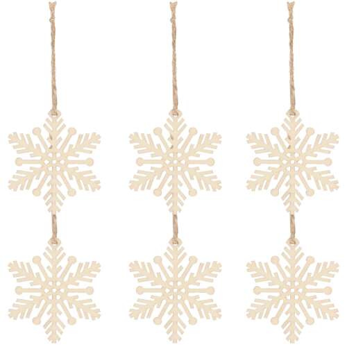 Set mit 6 Springos Holzschneeflocken-Weihnachtsbaumschmuck, natürliche Holzfarbe, mit Juteschnur zum Aufhängen