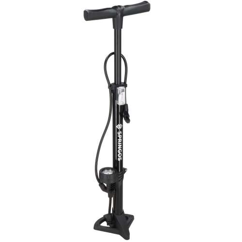 Springos floor pump for inflating bicycle tires, balls, and other inflatables