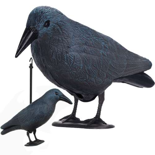 Springos valósághű varjú madárijesztő, kollázs, fekete és kék színben, kertbe, udvarra és farmba, madarak elriasztására