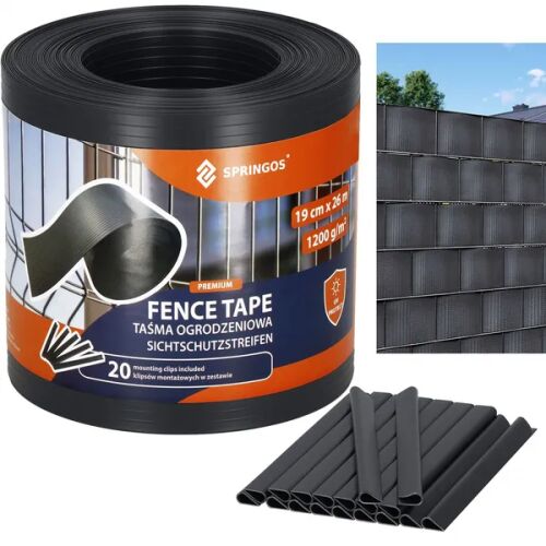 Springos graphite fence privacy tape roll with clips and installed fence example