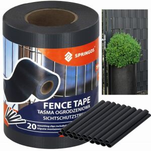 Springos graphite fence privacy tape roll with mounting clips and installed example - Awning & Shade