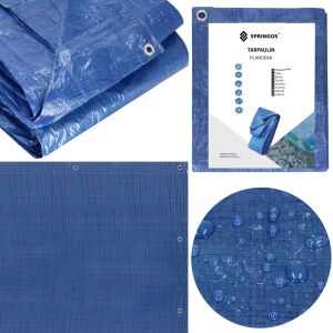 Springos blue waterproof tarp collage: folded tarp, packaging, waterproof detail - Garden tarp