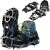 Springos ice cleats for shoes, black and silver, size L (41-45), shown on a blue hiking boot, with a black drawstring bag