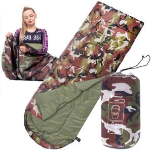 Springos Turista sleeping bag in camo pattern, unfolded and packed in its carrying bag - Camping & Hiking