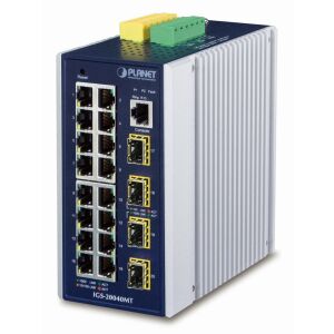 Pohľad pod uhlom na priemyselný ethernetový prepínač Planet IGS-20040MT s portami Gigabit a SFP - Planet
