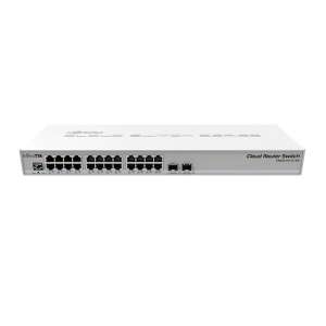 MikroTik CRS326-24G-2S+RM Cloud Router Switch elülső nézet, bemutatva a 24 Gigabit Ethernet portot és a 2 SFP+ portot - MikroTik