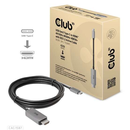 Club3D USB Gen2 Type C to HDMI 4K120Hz 8K60Hz HDR10 with DSC1.2 A...
