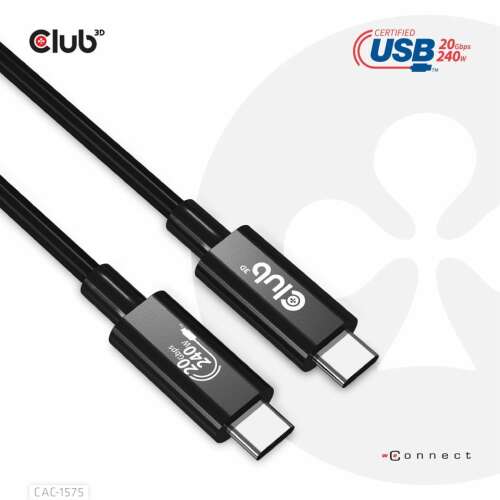Club 3D CAC-1575 USB4 Gen2x2 Type-C kétirányú USB-IF tanúsítvánnyal rendelkező kábel 4K60Hz, Data 20Gbps, PD 240W(48V/5A) EPR M/M