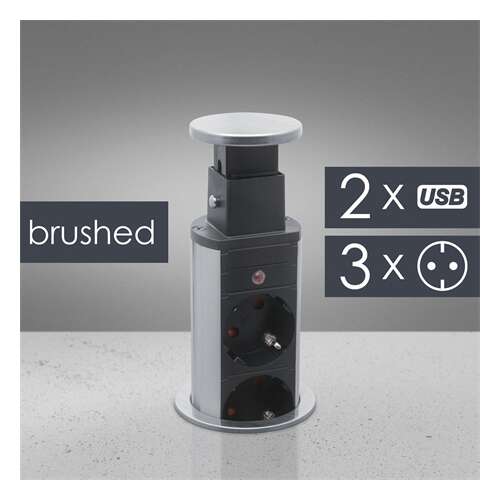 Delight brushed aluminium pop up power socket with 3 AC outlets and 2 USB ports