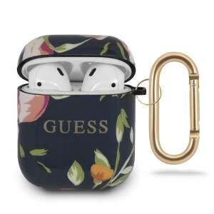Guess Flower Collection AirPods Case with Carabiner, Blue Floral Design - Headset Accessory