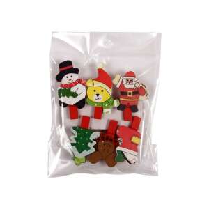 Set de 6 cleme de lemn cu tematică de Crăciun, cu om de zăpadă, urs, Moș Crăciun, brad de Crăciun și alte modele festive - Crăciun