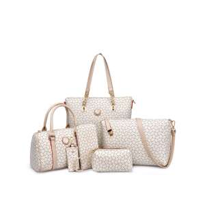 Dollcini, Geantă de mână elegantă pentru femei, set 6 bucăți, piele PU, geantă la modă, elegantă, pentru călătorie/serviciu/utilizare zilnică, 424421, Alb