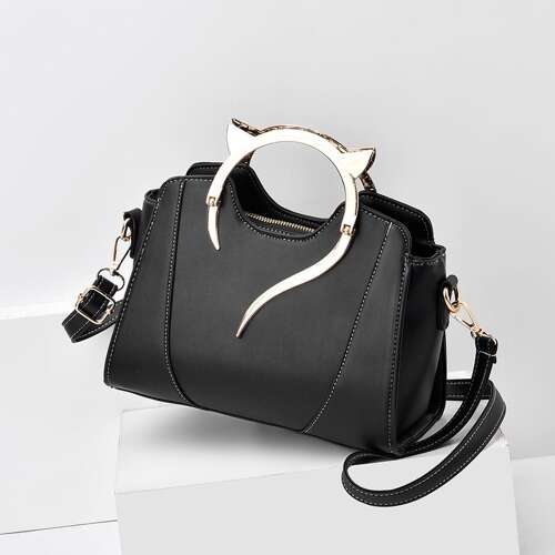 Schwarze Dollcini Damenhandtasche mit Katzenohren-Griff, PU-Leder, wasserdicht, lässig, für Arbeit, Reisen und den Alltag