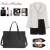 Dollcini laptop tote bag styled with a white striped shirt, black shorts, and black lace-up flats