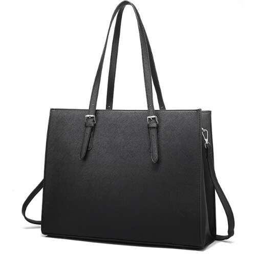 Black Dollcini laptop tote bag with double handles and a detachable shoulder strap