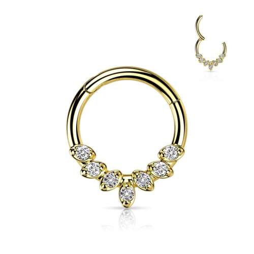 Arany csuklós karika 7 cirkónia kővel, 8 mm átmérőjű, septum, daith, tragus piercinghez - Karika piercing