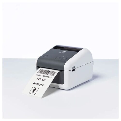 Brother TD-4210D direct thermal label printer printing a barcode label
