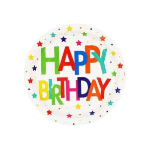 Talerz jednorazowy Happy Birthday z kolorowymi gwiazdkami - Talerz jednorazowy