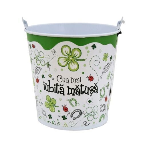 Fazekastarto 10 cm "A legkedvesebb nénikém" dekorativer Blumentopf mit Klee- und Marienkäfermuster