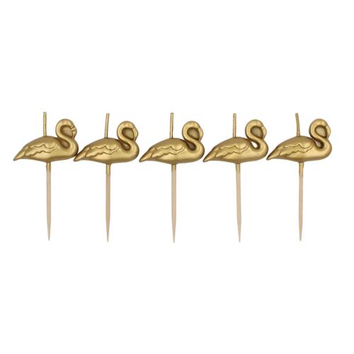 Set of 5 golden flamingo cake candles, Arany Flamingó Tortadísz Gyertyák