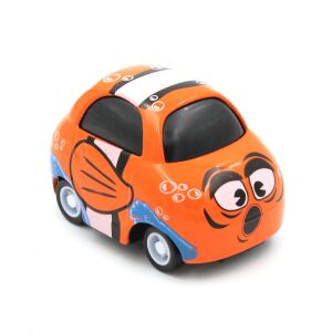 Angled view of Mini Bohóchal orange pull-back toy car with cartoon fish design - Nonbrand Kids's play car