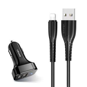 USAMS Dual-USB-Autoladegerät mit Lightning-Kabel, schwarz - Autoladegeräte