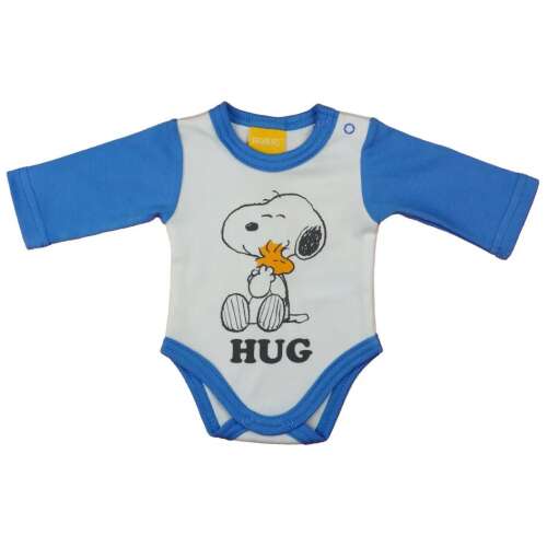 Fehér baba body kék ujjakkal és Snoopy mintával, 'HUG' felirattal alatta - Divat és öltözködés