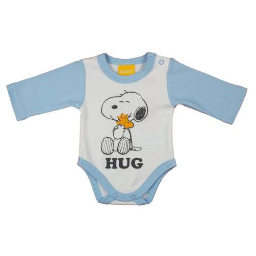Fehér és kék baba body Snoopyval, aki Woodstockot öleli, hosszú ujjú, 'HUG' felirattal - Gyerekruha és babaruha