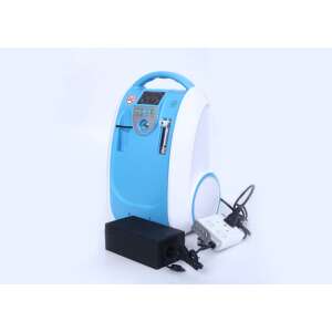 OT-OX-B1 Tragbarer Sauerstoffkonzentrator mit Zubehör, blau und weiß, Vorderansicht, zeigt das Gerät, das Netzteil und das Zubehör - Gesundheitsprodukte