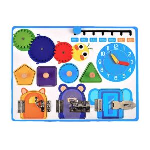 Matatófal tablă de activități mică din lemn pentru copii mici, cu încuietori, roți dințate, sortator de forme și ceas - Jocuri de dezvoltare pentru copii mici