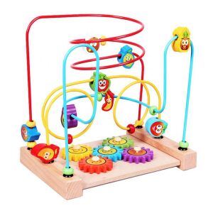 Golyóvezető labirintus játék, fa golyópálya gyümölcs és fogaskerék formákkal - Golyópálya
