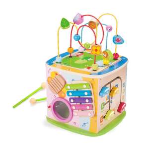 Wooden activity cube for babies with xylophone, bead maze, shape sorter, and other activities - Toy