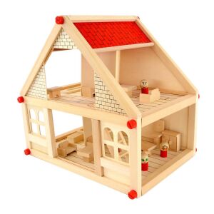 Játékvilág wooden dollhouse, 1-story red roof, miniature furniture - Dollhouse