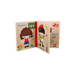Fa baba könyv - bébi kirakóval - foglalkozások: Wooden baby book with occupations puzzle, featuring teacher, painter, and cook illustrations. - Baby Puzzle