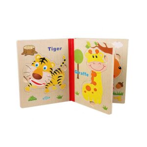 Fa baba könyv - bébi kirakóval - vadállatok, wooden baby book with animal puzzles, tiger, giraffe, bear - Baby Puzzle
