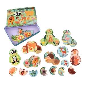 Joc de puzzle cu animale pentru copii, cu 8 animale diferite, inclusiv o pandă, o maimuță, un flamingo, un tigru, un arici, un cerb, un urs și o veveriță. Piesele de puzzle sunt din carton și vin într-o cutie metalică. - Puzzle pentru copii