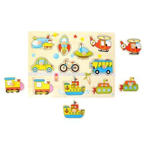 Fogantyús puzzle - járművek. Puzzle din lemn cu vehicule cu mânere pentru copii mici, cu forme de avion, rachetă, mașină, autobuz, tren, barcă, elicopter, submarin și bicicletă. - Puzzle pentru copii