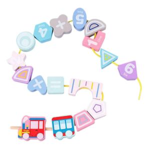 Fűzős játék - numere și forme, jucărie de înșirat din lemn cu numere, forme și tren - Perle, mărgele