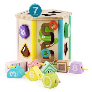 Fa Formabedobó Játék joc de sortare forme din lemn cu mărgele de înșirat, jucărie de dezvoltare - Jocuri de sortare a formelor