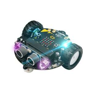 Mașină robot Tiny:bit cu controler Micro:bit, senzor ultrasonic, LED RGB, difuzor, microfon, urmărire linie și 4 puncte de conectare cu cleme de crocodil - Jocuri educative pentru școlari