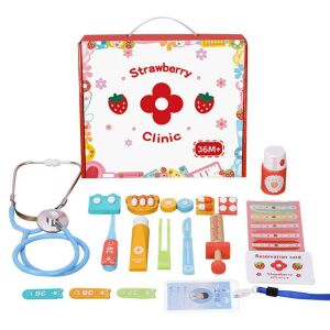 Fa Doktoros Játékkészlet in Bőrönd, wooden doctor playset with stethoscope, thermometer, and other medical tools - Doctor Playset