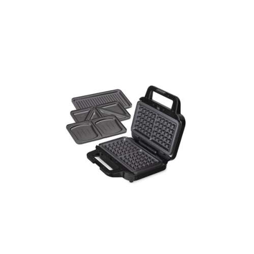 Berlinger Haus BH-9453 3-in-1 interchangeable plate sandwich, grill and waffle maker, rose gold - black, open with all plates