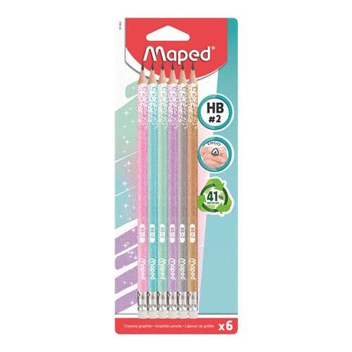 MAPED Creion grafit cu radieră, HB, triunghiular, MAPED "Black`Peps Glitter Deco", culori pastelate mixte