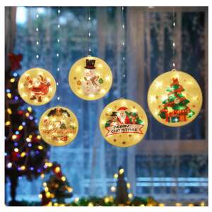 Christmas window lights with 5 round ornaments featuring Santa Claus, snowman, Christmas tree, reindeer and Merry Christmas text, warm white LED lights, 113 LEDs, waterproof, BBV - Nonbrand String Light