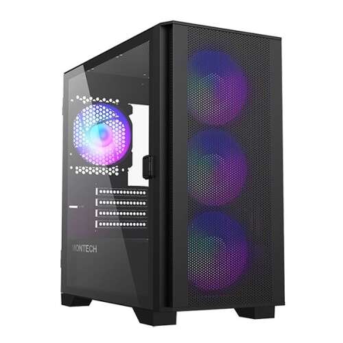Montech Air 100 ARGB Micro ATX Computergehäuse, schwarz, Seitenansicht mit Glaspanel