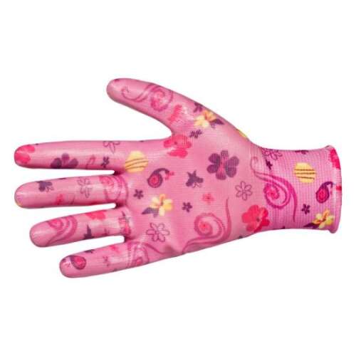 Mănuși de grădină Beorol, din nitril și poliester, cu model floral violet, mărime universală